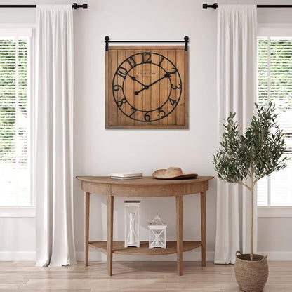 Presentime & Co Farmhouse Barn Door Clock, Shiplap Style, Brown Wood Color, Silent No Ticking, 3D Arabic Numeral, 23" H x 21" W. Home Decoration/Wall Decoration/Farmhouse Décor