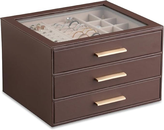 Frebeauty Clear Lid Jewelry Box,3-Layer Jewelry Organizer with Drawer,PU Leather Jewelry Organizers and Storage,Jewelry Boxes for Women,Jewelry Storage for Rings Earring Stud,Gift for Women(Brown)