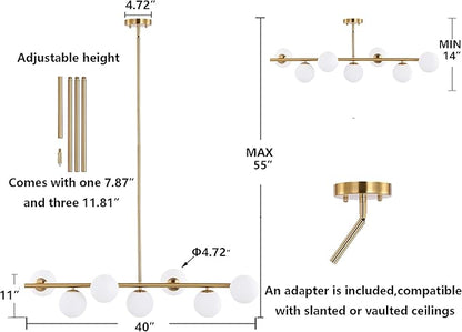 7 Lights Modern Sputnik Chandelier Globe White Glass Shade Brass Linear Mid Century Farmhouse Pendant Light Fixture for Kitchen Island Bedroom Dining Lighting (Gold)