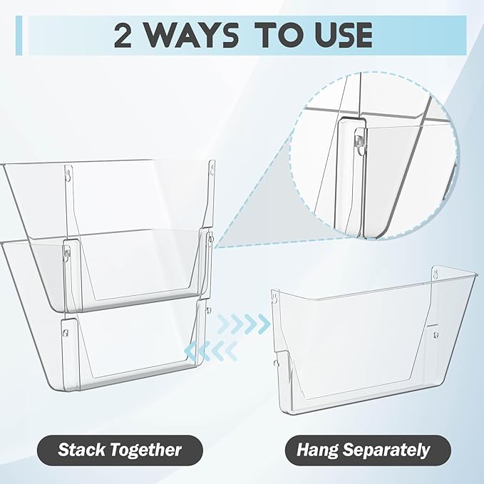 Gawerk 2 Pack Clear Single Pocket File Holder Hanging Wall Organizer, Wall Mount Mails Magazines Organizer for Office and Home (Clear, 5 Pack)