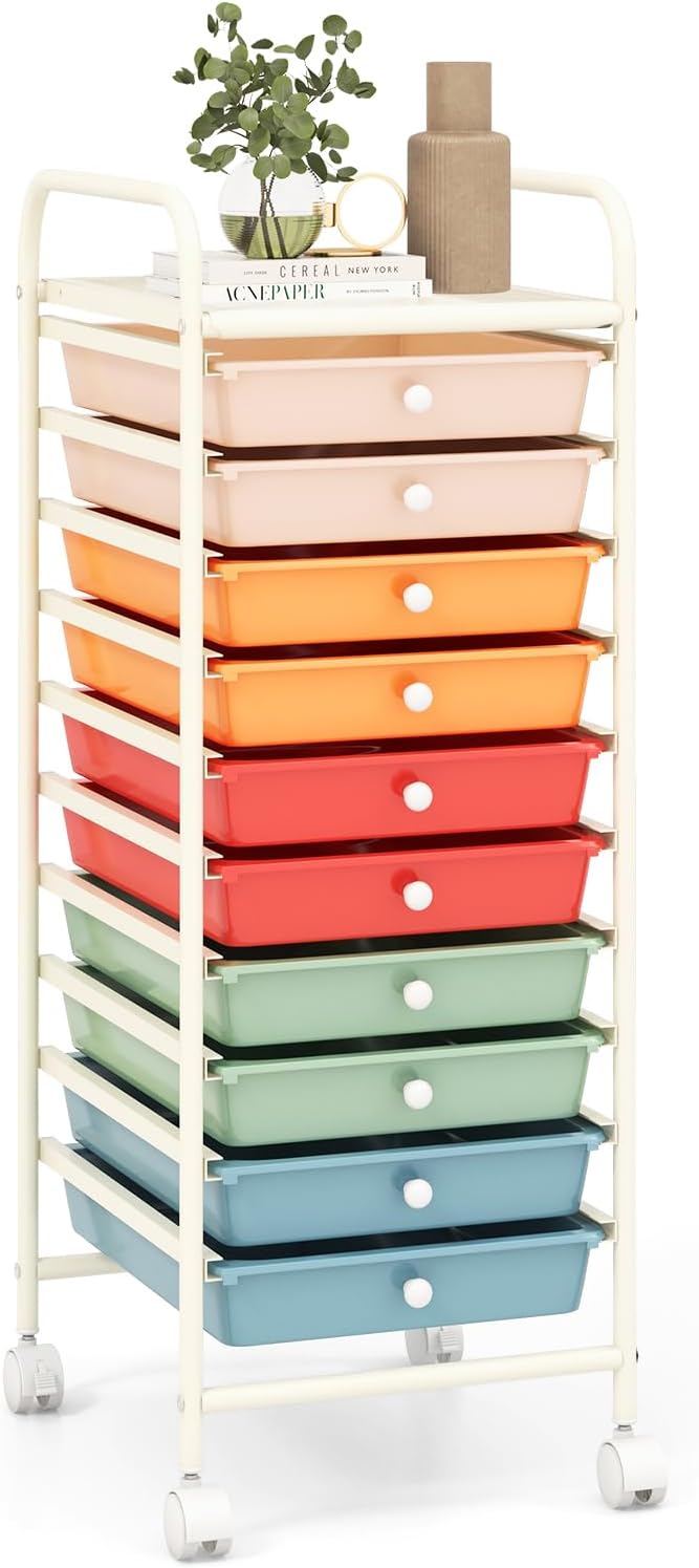 RELAX4LIFE Craft Organizers and Storage Cart - Rolling Cart with 10 Drawers, Lockable Casters for Tools, Trolley Cart with Wheels, Utility Cart for School, Home Office, Craft Cart (Macaron)
