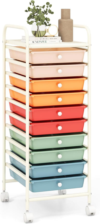 RELAX4LIFE Craft Organizers and Storage Cart - Rolling Cart with 10 Drawers, Lockable Casters for Tools, Trolley Cart with Wheels, Utility Cart for School, Home Office, Craft Cart (Macaron)