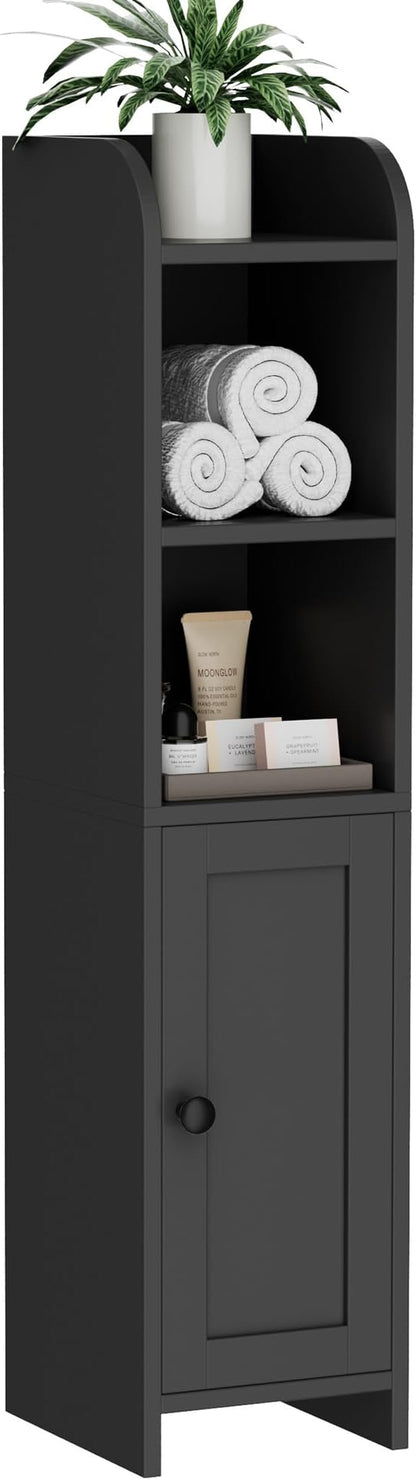 Homhedy Small Bathroom Storage Corner Floor Cabinet with Door and Shelves, Beside The Toilet Paper Stand for Skinny, Narrow Toilet Paper Cabinet, 7.9" D x 7.1" W x 31" H, Black