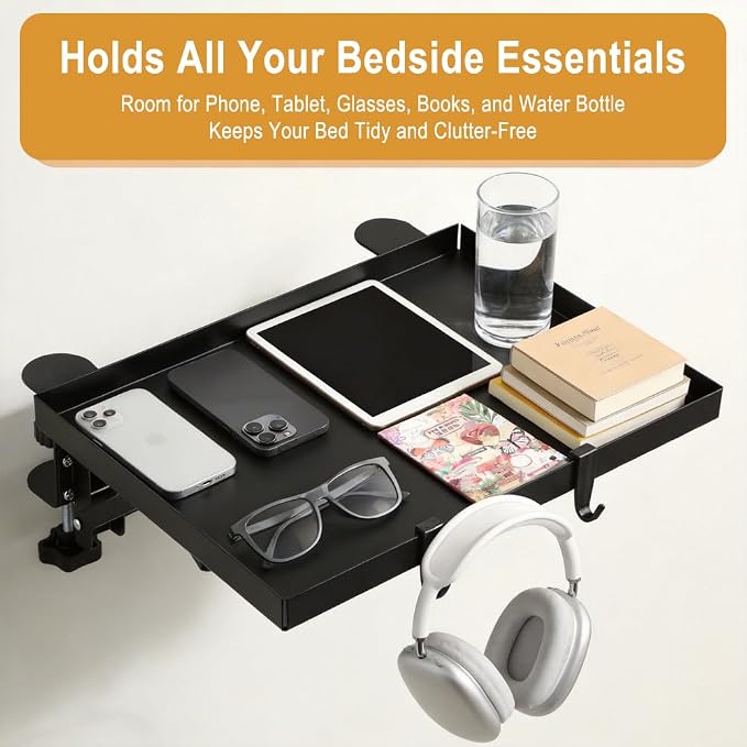 Foldable Bedside Shelf Set, Clip-On Bed Shelf with T-Shaped Cord Hole & Hook, Clip-On Table for Top Bunk, Clip-On Nightstand for College Dorm Loft Bed