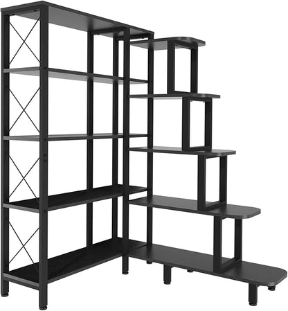 PONROL Corner Bookshelf Bookcase, Large Reversible 5 Tier Ladder Shelves Storage Display Rack with Metal Frame, Industrial Home Office Furniture for Living Room Bedroom, Black