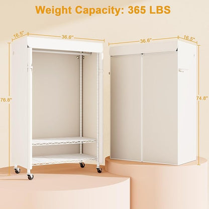 P6C Rolling Clothes Rack with Cover, Covered Clothing Racks Heavy Duty, Portable Closet for Hanging Clothes, Garment Racks on Wheels, White Closet Rack with White Cover, Max Load 365LBS