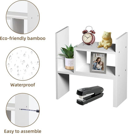 TY ARTS & CULTURE - Expandable Wood Desktop Storage Organizer Multipurpose Desk Bookshelf Display Shelf Rack Counter Top Bookcase for Office Home | Pure White