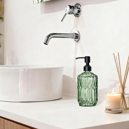 COHOSEGE 17 Oz Green Glass Kitchen Soap Dispenser for Dish Soap, 2 Pack Bathroom Soap Dispenser Set with Black Rust Proof Pump for Lotion, Hand soap or Body Wash