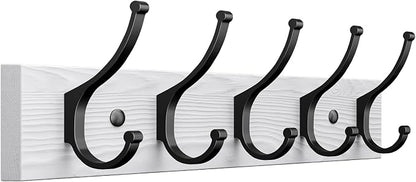Optish 1 Pack Wooden Coat Rack Wall Mount, 16.1" Rustic Coat Hanger Hooks with 5 Double Hooks, Wall Coat Rack for Hat, Clothes, Bags, Jacket, White