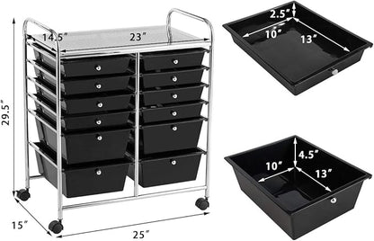 LDAILY 12 Drawer Rolling Storage Cart, Craft Cart Organizer on Wheels w/Metal Frame, Large Capacity & Smooth Drawer, Rolling Cart w/Drawers for Classroom, Office