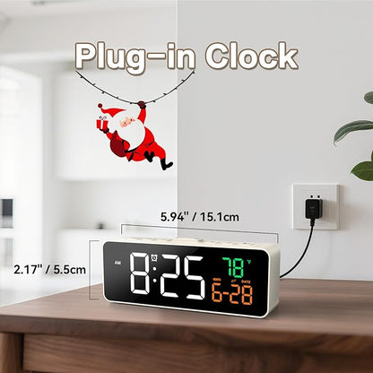 Netzu 3-in-1 Small Digital Clocks for Living Room with Temperature, Date & Time Display - 4 Levels Birghtness, 3 Volumes, Compact Plug-in Alarm Clock for Bedroom, Office (White)