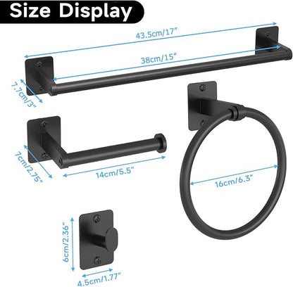 KLJKPA Matte Black Bathroom Accessories Set, 4 Pieces Bathroom Hardware Set, 16 inch Towel Bar, Towel Racks for Bathroom, Robe Towel Hooks, Toilet Paper Holder Wall Mounted