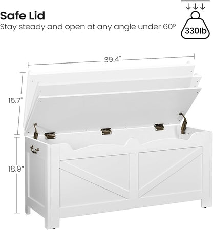 39.4" Storage Chest, Extra Large Storage Trunk with 2 Hinges, Wooden Box Bench, Lift-Top Organizer Chest, Shoe Bench for Entryway, Bedroom, Living Room, White SB04503X