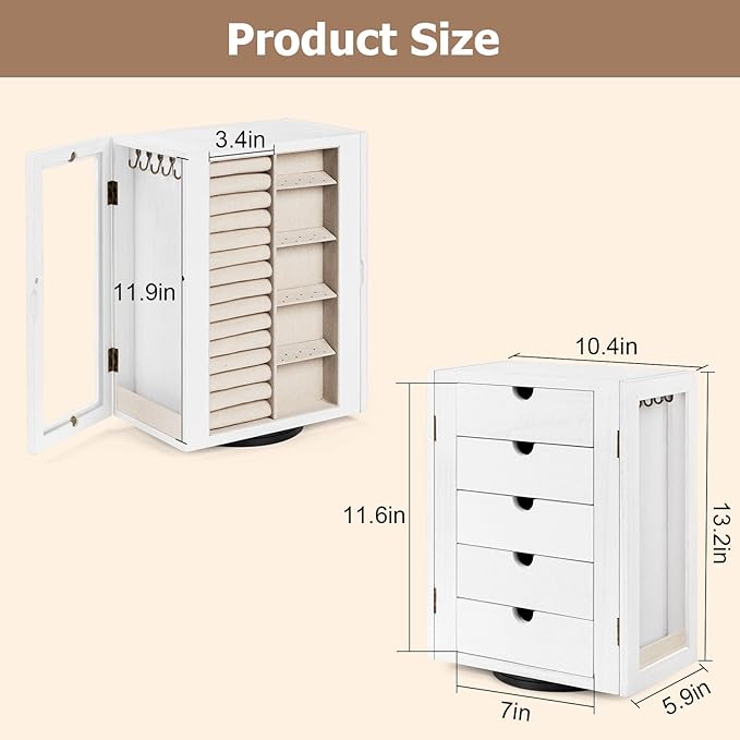 Emfogo 360° Rotating Jewelry Box for Women, Vintage Wooden Large Jewelry Organizer with 5 Drawers, Glass Doors, Vertical Open Design Jewelry Organizers and Storage for Earring Ring Necklace Bracelet
