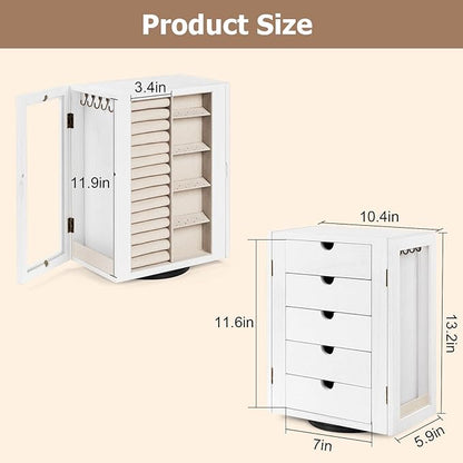 Emfogo 360° Rotating Jewelry Box for Women, Vintage Wooden Large Jewelry Organizer with 5 Drawers, Glass Doors, Vertical Open Design Jewelry Organizers and Storage for Earring Ring Necklace Bracelet