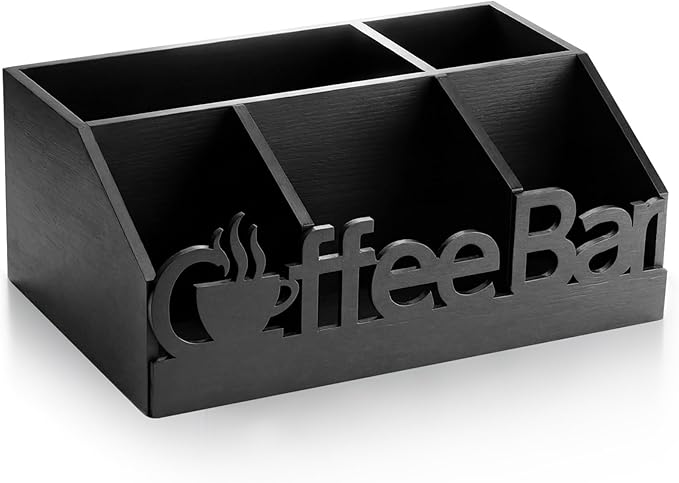 Coffee Station Organizer for Counter Wood Countertop Accessories Organizer Coffee Pods Holder Storage Basket for Pods Condiment Syrup Tea Cups Stirrers for Rustic Bar Decoration (Black)