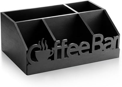 Coffee Station Organizer for Counter Wood Countertop Accessories Organizer Coffee Pods Holder Storage Basket for Pods Condiment Syrup Tea Cups Stirrers for Rustic Bar Decoration (Black)