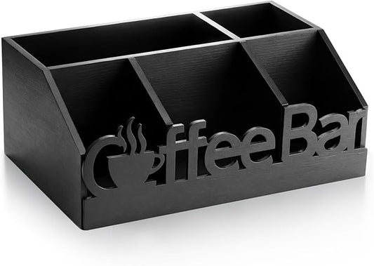 Coffee Station Organizer for Counter Wood Countertop Accessories Organizer Coffee Pods Holder Storage Basket for Pods Condiment Syrup Tea Cups Stirrers for Rustic Bar Decoration (Black)