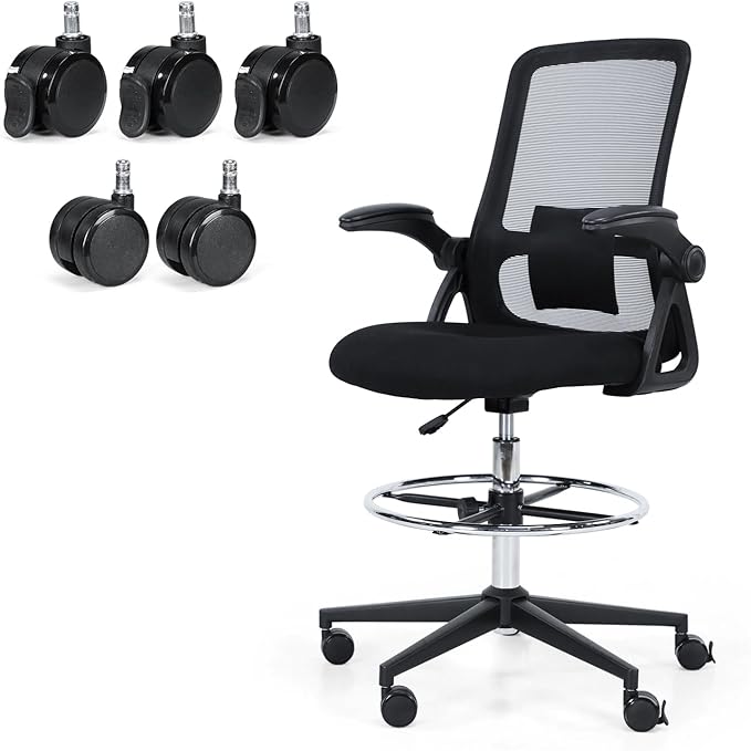 Drafting Chair for Standing Desk with Locking Casters, Tall Office Chair with Foot Ring, High Back Ergonomic Drafting Stool, Flip-Up Arms, Adjustable Lumbar Support, 300 Lbs Capacity