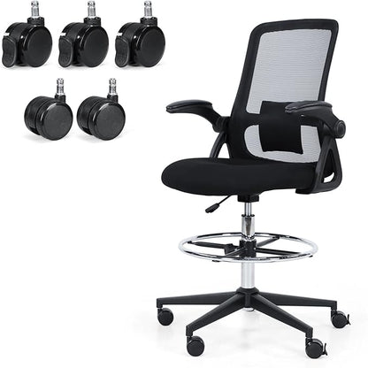 Drafting Chair for Standing Desk with Locking Casters, Tall Office Chair with Foot Ring, High Back Ergonomic Drafting Stool, Flip-Up Arms, Adjustable Lumbar Support, 300 Lbs Capacity