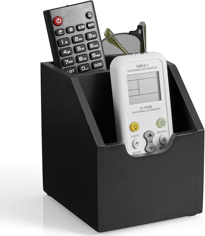 Remote Control Holder, TV Remote Holder, Wood Farmhouse Remote Caddy for Table, Remote Organizer Caddy with 2 Slots, Remote Storage Box for Home Office, Black