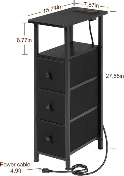 Narrow End Table Living Room with Charging Station, Skinny Side Table with Fabric Drawers, Slim LED Nightstand for Bedroom, Small Spaces, Couch, Black, HETNDP03LBK-1