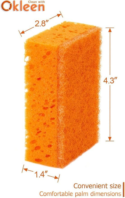 Orange Multi Use Scrub Sponge. Made in Europe. 18 Pack, 4.3x2.8x1.4 inches. Odorless Heavy Duty and Non Scratch Fiber. Durable and Delicate Scrubber for Oven and Stove, Bathroom and Basement