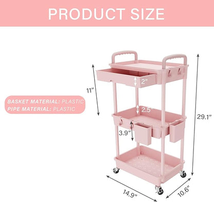 REBECAT 3 Tier Rolling Utility Cart with Drawer,Storage Cart,Rolling Cart for Kitchen,Bathroom,Living Room,Storage Organizer with Iron Wheels（Pink