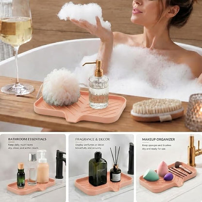 MicoYang Silicone Soap Dish with Drain Spout — Self-Draining Sink Organizer Tray for Bathroom & Kitchen, Sponges, Dispensers & Soap Holder, Non-Slip & Dishwasher Safe, Pink (Medium, 9.6"×5.3")