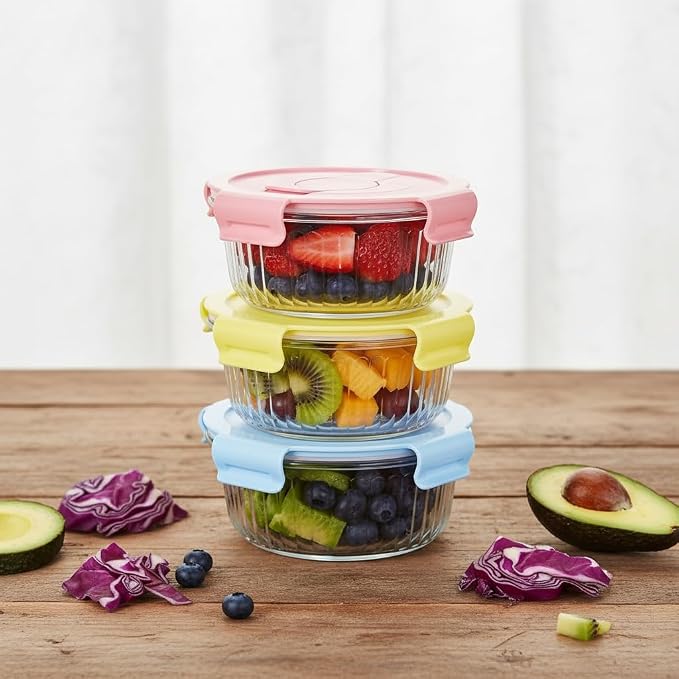12oz Round Glass Food Storage Containers with Lids and Foldable Cutlery, 1.5 cup Round Glass Lunch Containers, Small Food Bowls for Office, School, Outdoor, Microwave, Freezer Safe -4 Pack