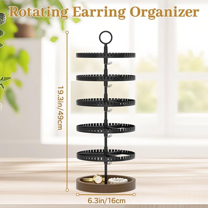 MODOWEY 5 Tier Rotating Earring Holder Organizer Display Tree with Wooden Tray, Adjustable Plastic Stand with 285 Slots for Stud Hoop Hanger, Large Capacity Storage Rack for Women Space Saving, Black