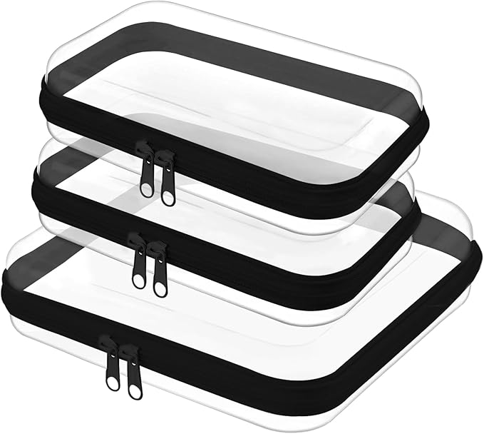 Topfinder Clear Hard Shell Zipper Case,Clear Toy Storage Pouch,Waterproof Transparent Organizer Comestic Case for Travel, Office, Home (Black, M+2*S)