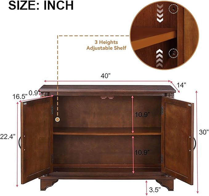 40" Solid Wood Buffet Storage Cabinet,Vintage Console Table with Adjustable Shelf,Retro Sofa Table with Solid Pine Wood Legs for Living Room,Entryway,Light Espresso