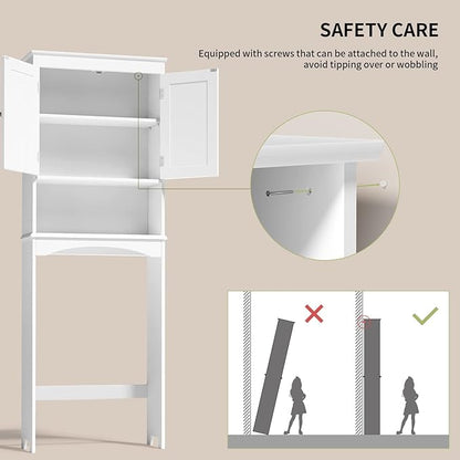 Gizoon Over the Toilet Storage Cabinet with Adjustable Shelf and Double Doors, Bathroom Space Saver Organizer Above Toilet with Open Shelf, Taller Wooden Free Standing Toilet Rack -White