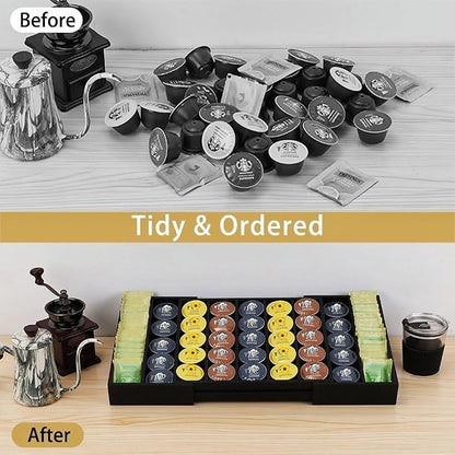 K Cup Holder Bamboo Coffee Pod Holder Drawer Organizer, Expandable K Cup Pod Storage Tea Bag Storage for Coffee Station Home Office and Kitchen （Black)