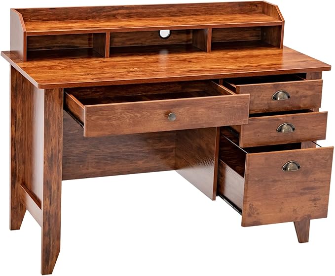 Safeplus 48" Computer Desk with 4 Storage Drawers and Hutch Wood Executive Table for PC Laptop