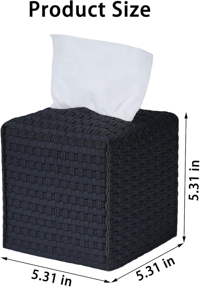 Tissue Box Cover 2-Pack, Square Tissue Holder with Bottom Belt, Modern Tissue Case Facial Paper Organizer Dispenser for Bathroom, Office, Home, Table, Car, Woven Pattern Black