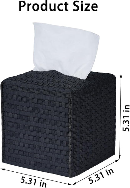 Tissue Box Cover 2-Pack, Square Tissue Holder with Bottom Belt, Modern Tissue Case Facial Paper Organizer Dispenser for Bathroom, Office, Home, Table, Car, Woven Pattern Black