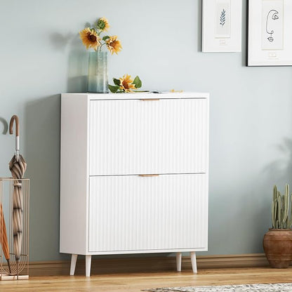 Shoe Cabinet Storage,Modern Freestanding Organizer with 2 Flip Drawers,Narrow Shoe Rack Cabinet for Entryway,White