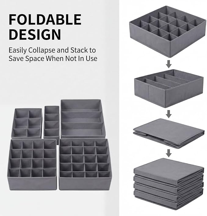 SUREMAX Underwear Drawer Organizer, 5-Pack Foldable Fabric Drawer Dividers (Fits Standard 13"+ Dressers), 55 Compartments for Socks, Bras, Ties, Belts — Bedroom, Closet & Bathroom Storage Bins