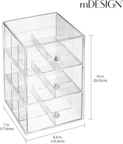mDesign Plastic Wide Kitchen Pantry, Cabinet, Countertop Organizer Storage Station with 3 Drawers for Coffee, Tea, Sugar Packets, Sweeteners, Creamers, Drink Pods, Packets; 18 Sections - Clear