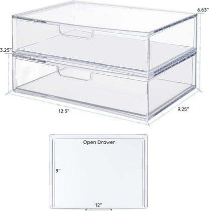 STORi STAX Plastic Stackable Organizer Drawers (Set of 2) Clear | 12.5" Wide | Set Includes Two Open Drawer | Organize Office Desk Accessories & Sort Paper | Made in USA
