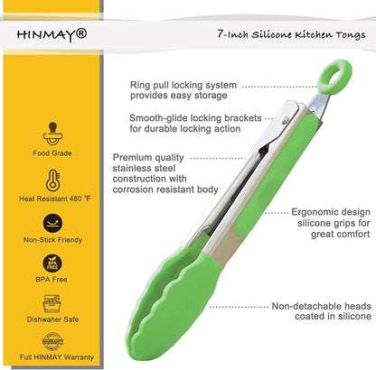 HINMAY Mini Tongs with Silicone Tips 7 Inches Silicone Cooking Tongs, Set of 3 (Green)