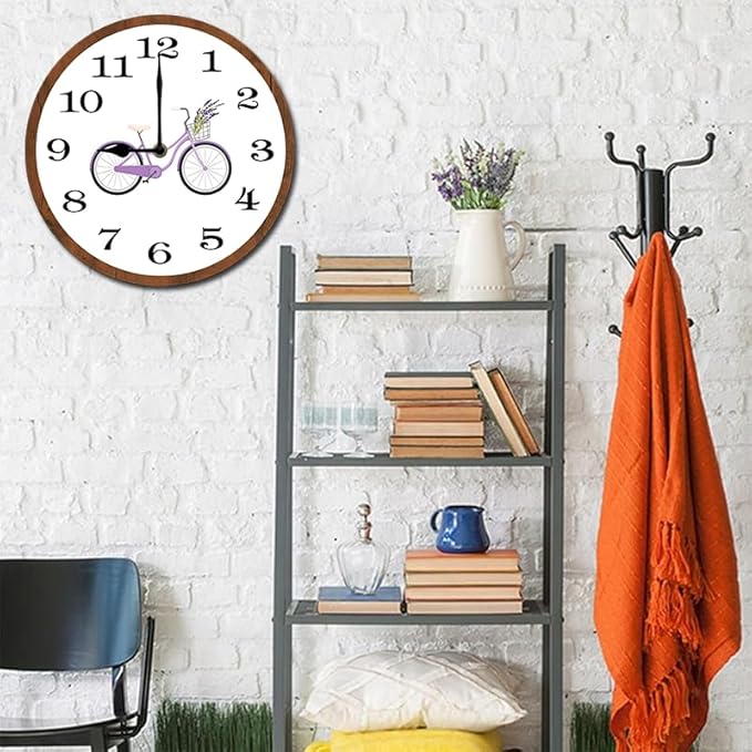 Purple Bicycle Wall Clock 10 Inch Wooden Battery Operated Autumn Forest Maple Leaves Wall Clocks Decorative Indoor,Decorative for Kitchen Bathroom Bedroom