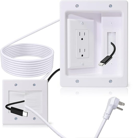 in Wall Cable Management Kit with Recessed Tv Socket Box, Two-Hole Socket, 9ft Cord, Tv Cable Concealment Wall Kit, Tv Cable Concealer Suitable for All Plugs, Convenient and Safe Cable Management