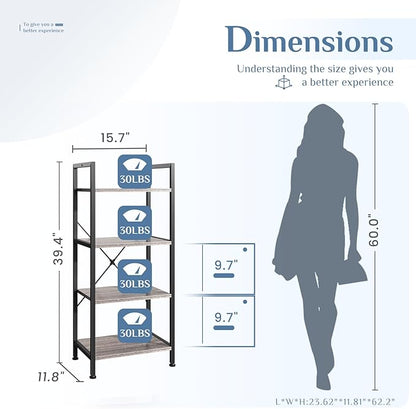 DUMOS 4 Tiers Bookshelf, Classical Book Shelf, Tall Display Shelves in Living Room/Home/Office, Storage Organizer for CDs/Books/Movies, Wood Grey