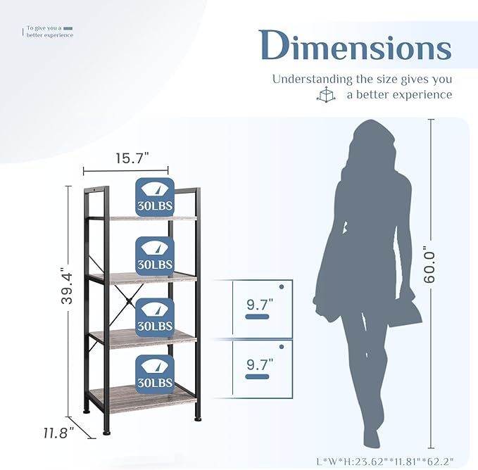 DUMOS 4 Tiers Open Bookshelf, Classic Freestanding Tall Display Shelf, Multifunctional Storage Organizer Rack for Living Room Home Office, Sturdy Bookcase for CDs/Books/Movies, Wood Grey