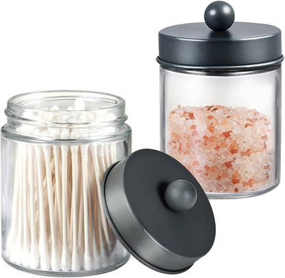 Amolliar 4 Pack Apothecary Jars Bathroom Vanity Storage Organizer Set -Countertop Canister with Stainless Steel Lids &Cute Stickers - Qtip Dispenser Holder for Qtips,Cotton Swabs,Makeup Sponges (Grey)