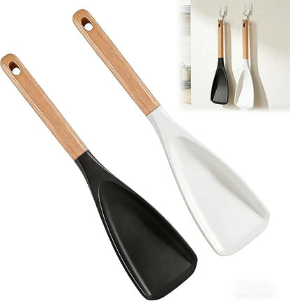 Cooking Spoon for Nonstick Cookwares, Great for Cooking and Serving Sturdy BPA-Free Matte Silicone, Wood Handle Spoon for Mixing, Scoop, and Scrape (Black+White)