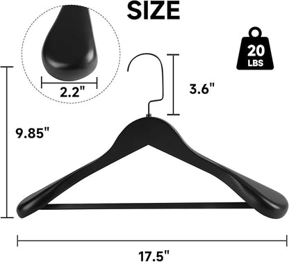 17.5" Wooden Suit Hangers with Non Slip Pants Bar, 6-Pack Wood Extra-Wide Shoulder Hangers with Flat-Head Hook for Suits, Coats, Jackets, Shirts, Pants, Heavy Clothes (Black)